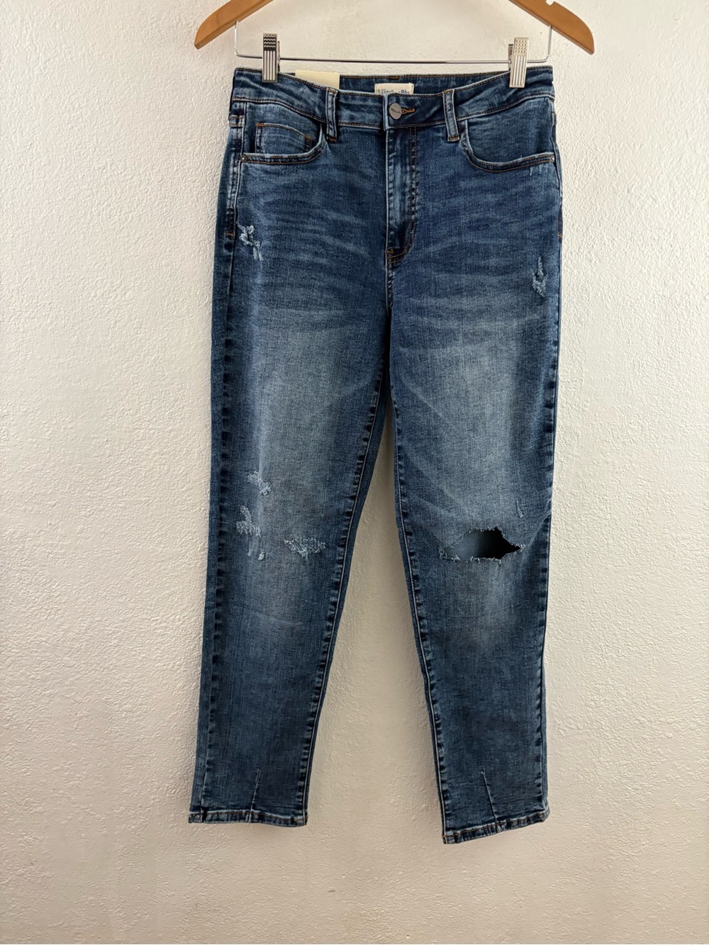 Hint of Bu high-rise medium-wash blue denim jeans distressed finish straight 27